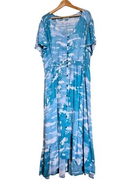 Light Sudio Blue Sky Print Button-Front Maxi Dress 💙 XXL